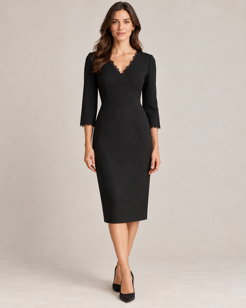Lafayette 148 Black Wool Sheath Dress Lace Trim V Neck Midi Size 6